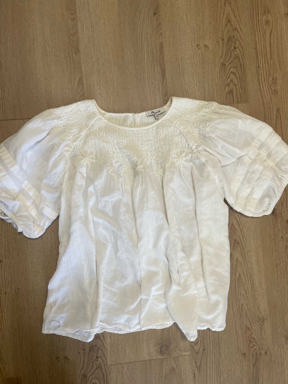 Madewell White Smocked Puff-Sleeve Top (L)